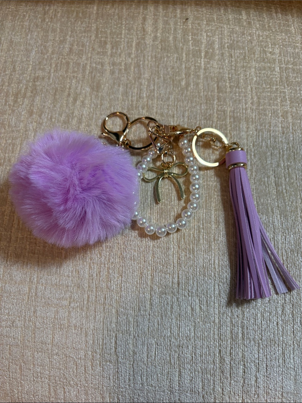 Lavender Pom Pom & Tassel Keychain with Pearl Ring and lobster claw.